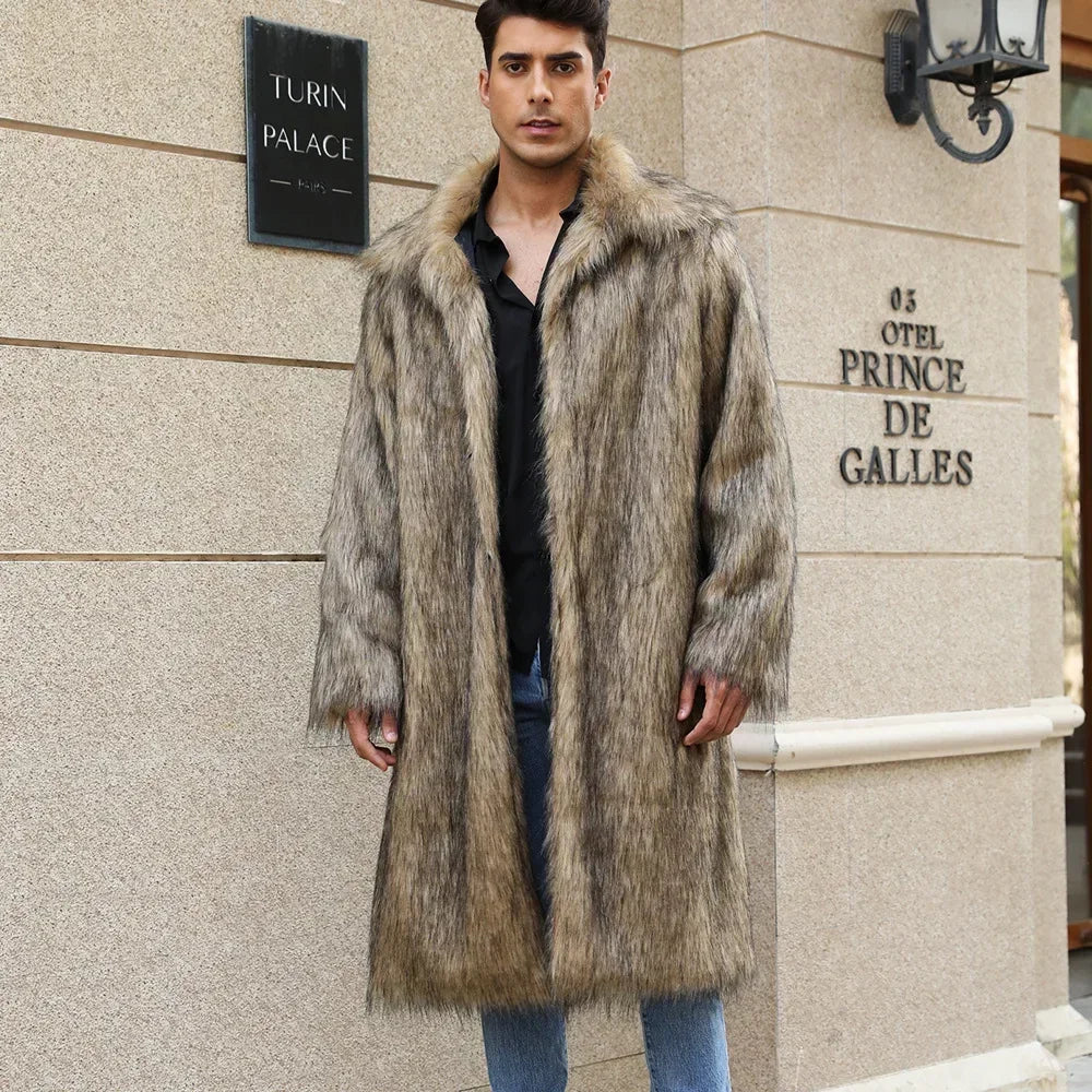 Men Faux Fox Fur Long Jacket Coat Winter Thick Fluffy Long Sleeve Warm Shaggy Luxury Faux Fur Long Jacket Bontjas Jackets Mens