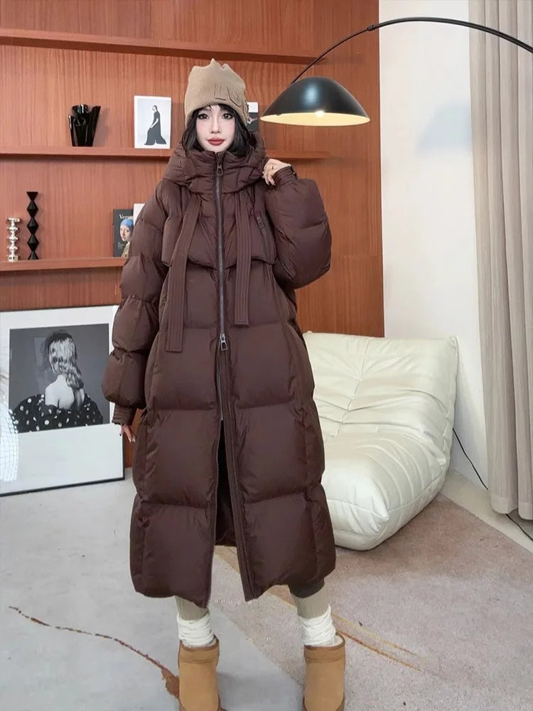 Women's Down Cotton Padded Jackets Korean Thickened Warm Long Overcoat Solid Hooded Overall Topcoat 2024 Winter