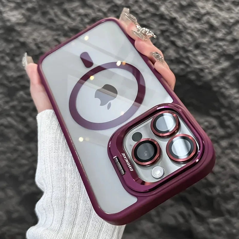 Luxury Magnetic Shockproof Phone Case For iPhone 15 14 13 12 11 16 17 Pro Max Plus 16E Funda Stand Glass Lens Protection Cover