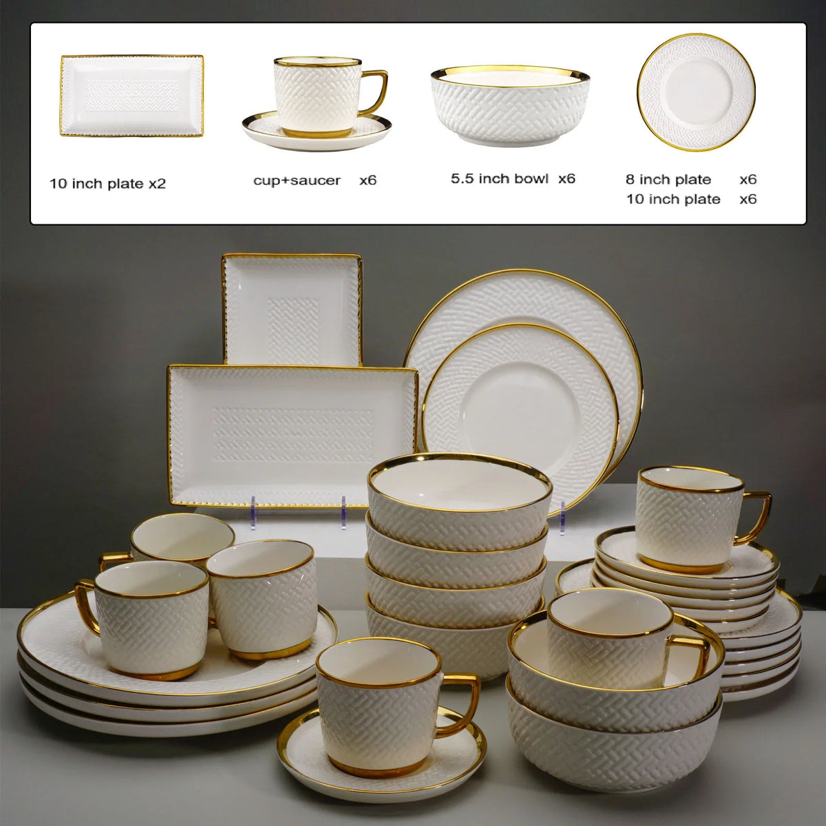 32pcs/set under glazed ceramic dinner set plate bowl cup saucer set with gold trim for 6 people | Kimlud Luxury Rug