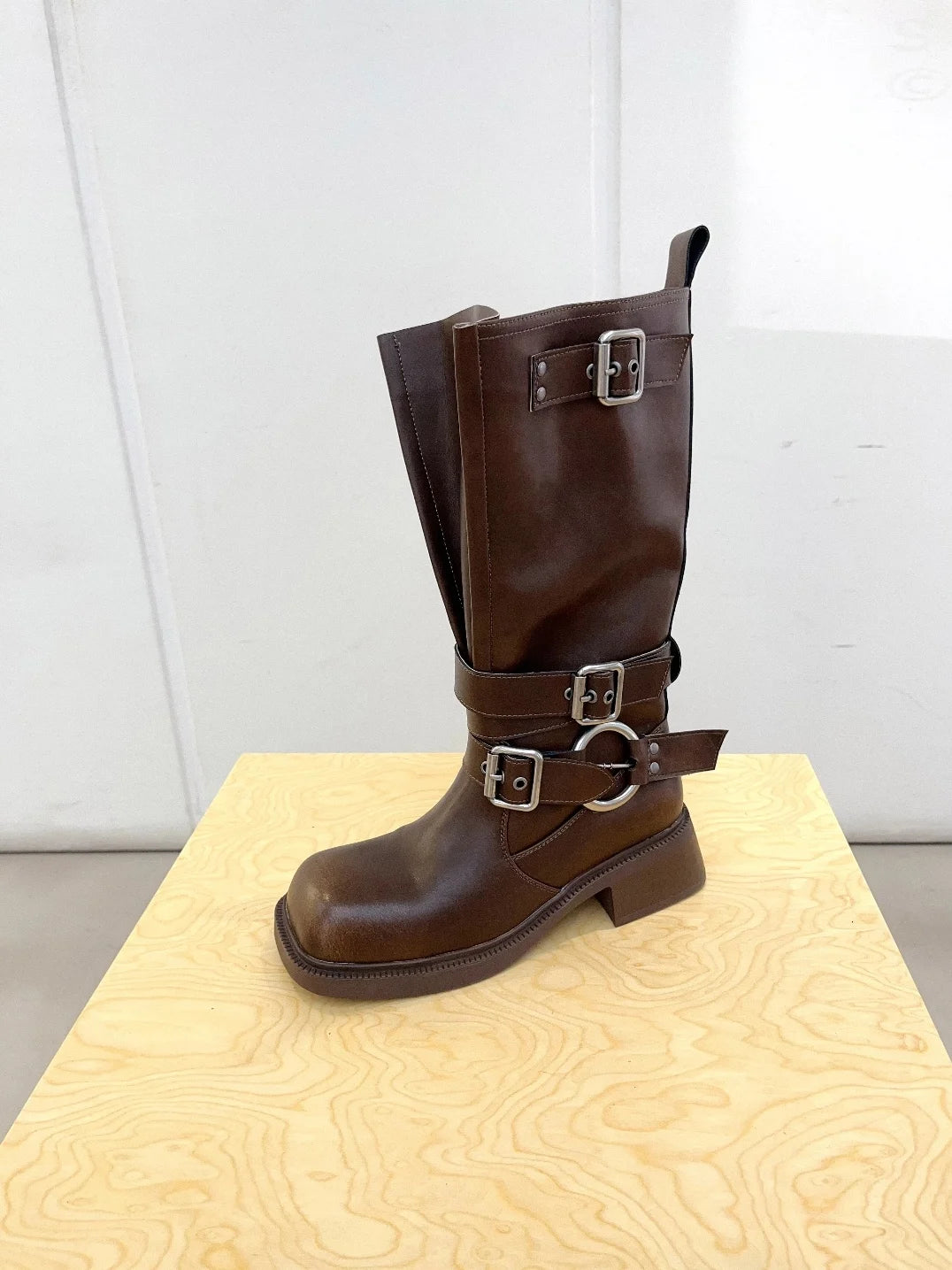 Women's Boots Half High Square Toe Footwear Brown Biker Shoes For Woman Mid Calf Middle Heel Comfortable And Low Price Pu Goth