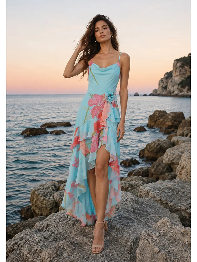 Sexy Spaghetti Strap Floral Printed Split Ruffles Long Dress Women Sleeveless Backless 3D Flower Dresses Summer Holiday Party