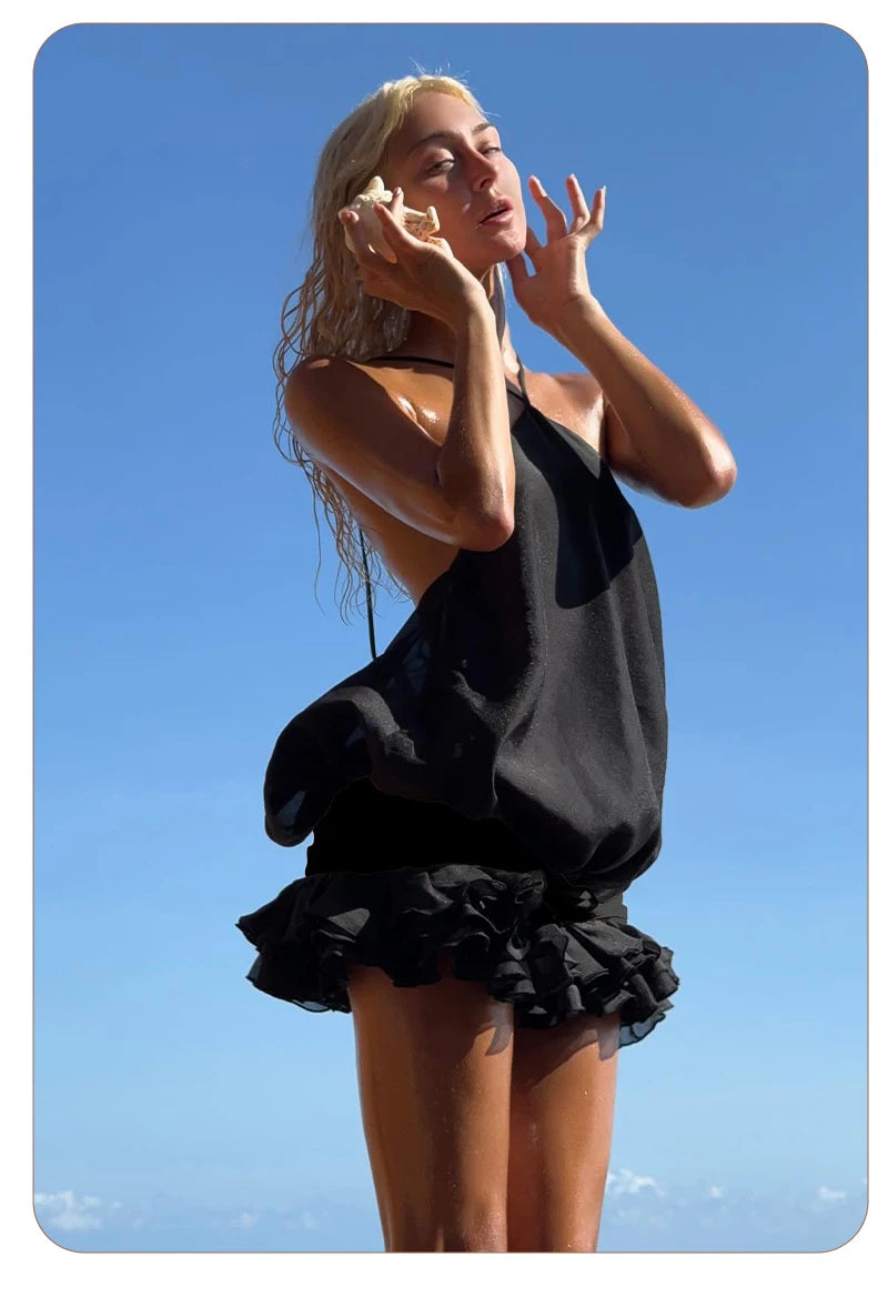 VC Edgy Black Halter Sleeveless Mini Dress Gown with Open Back for Trendy Parties