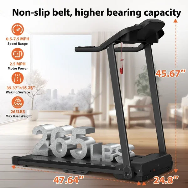 Foldable Treadmill 2.5HP Electric Folding Treadmill Running Walking Machine for Home Gym, Max 265 LBS Weight Capacity - Kimlud