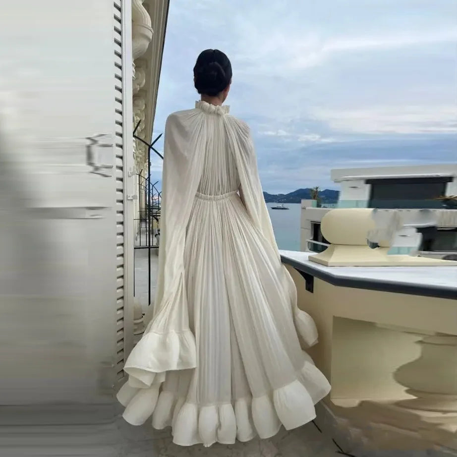 Dubai Ruffles Prom Gowns Ivory Party Dresses Deep V Neckline Tulle Long Elegant Women Dress Cloak Sleeves Draped Formal Dresses - Kimlud