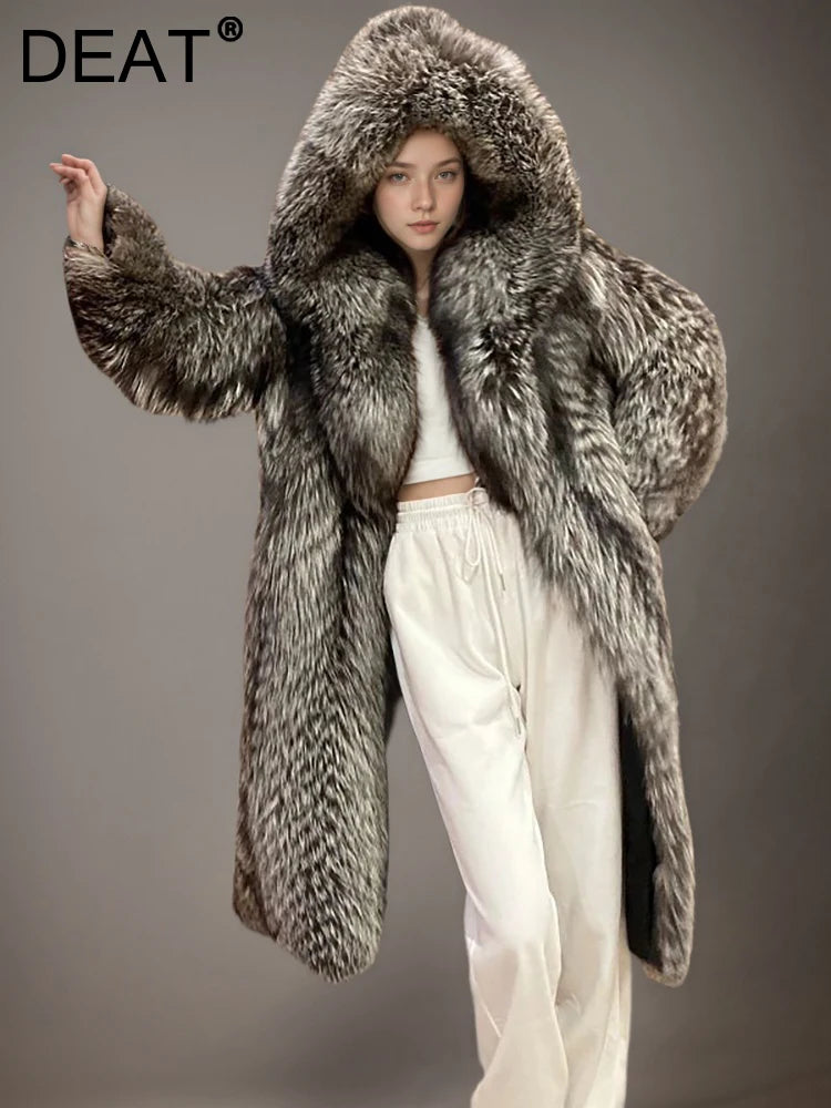 DEAT Fashion Silver Fox Over-knee-length Faux Fur Coat Women's Hooded Loose Plush Jacket Winter New 7A2292