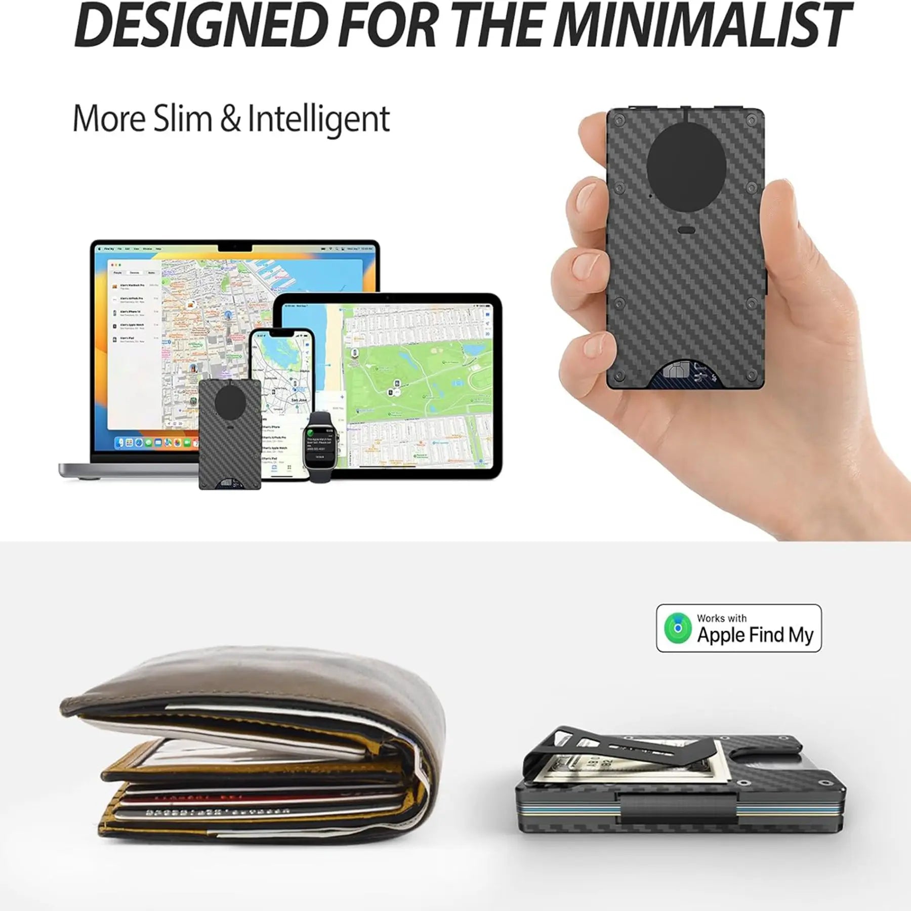 Wallet with Built in Airtag Chip, RFID Blocking Credit Card Holder, Compatible with Find My iOS Only, Detachable Money Clip