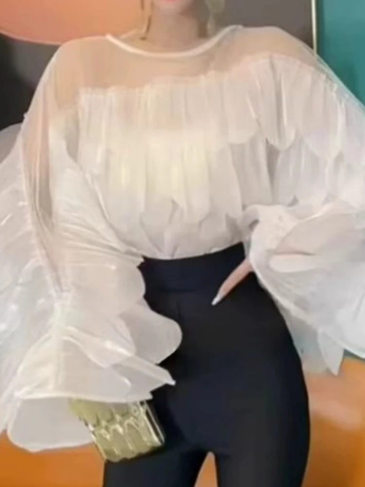 Women Blouse Light Luxury Summer Shirt For Lady Round Neck Full Sleeves Spliced Flounced Edge Mesh Irregular Hem Loose Tops Tide