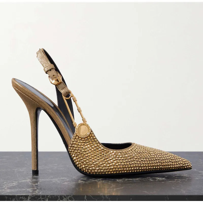 Women Shoes Luxury Rhinestones Sequined Buckle High Heels Elegant Pointed Toe Slingbacks Stiletto Shoes for Women Fashion Shoes