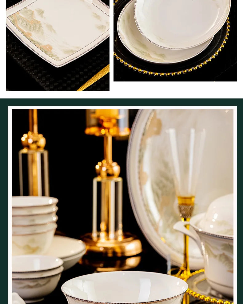 Jingdezhen dish set housewarming tableware set bowl and plate ceramic tableware set light luxury plate bowl | Kimlud...