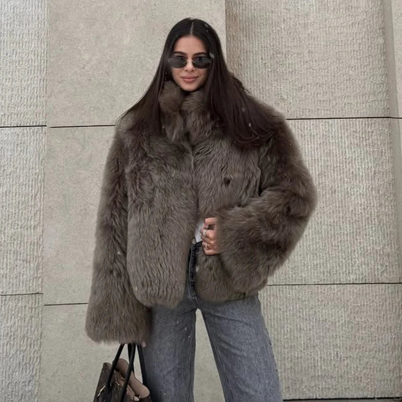 Fashion Brown Faux Fur Overcoat Women Luxury Lapel Long Sleeve Fluffy Coat 2025 Winter Female Thicken Warm High Street Outwear
