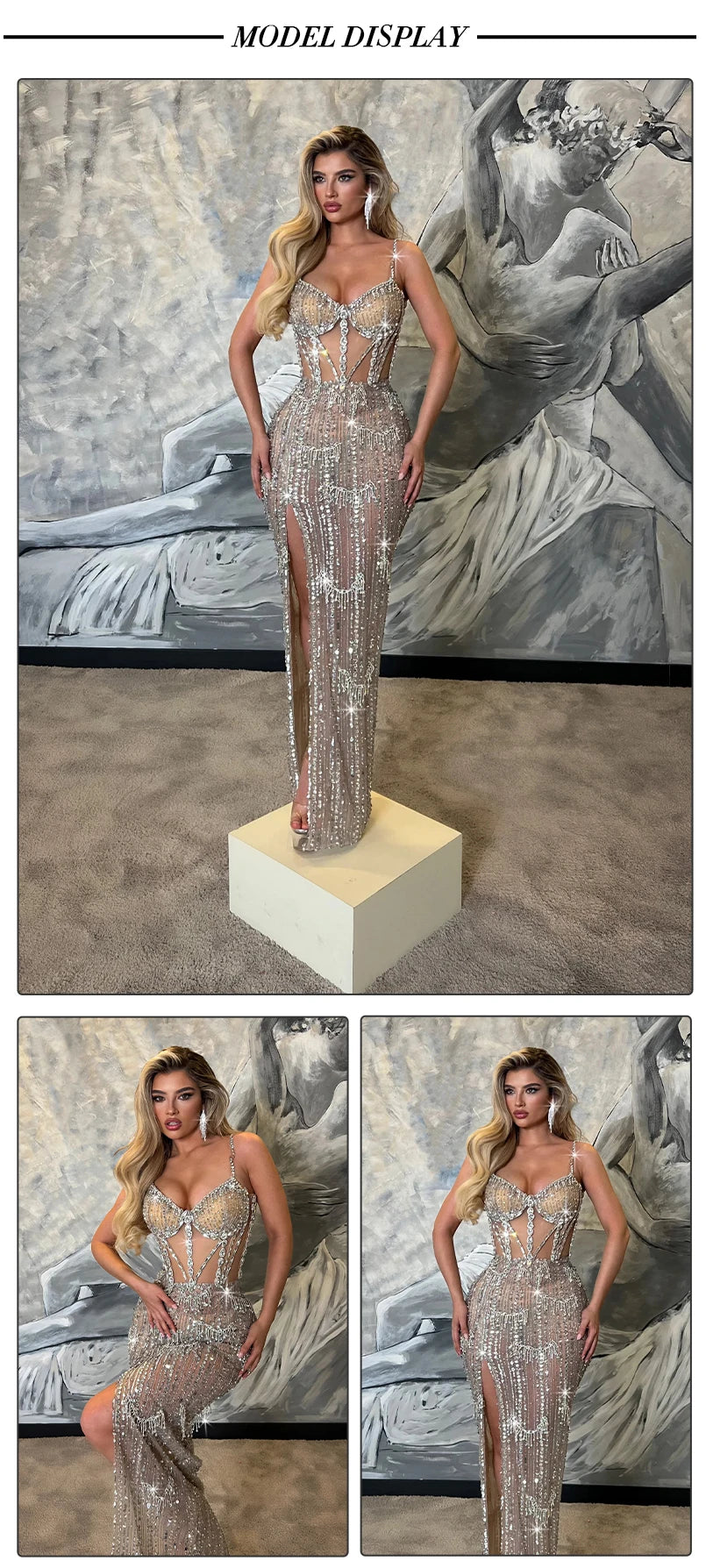 VC Glamorous Silver Sequin Spaghetti Strap Maxi Dress Gown with Cut-Out Detail and High Slit for Red-Carpet Galas