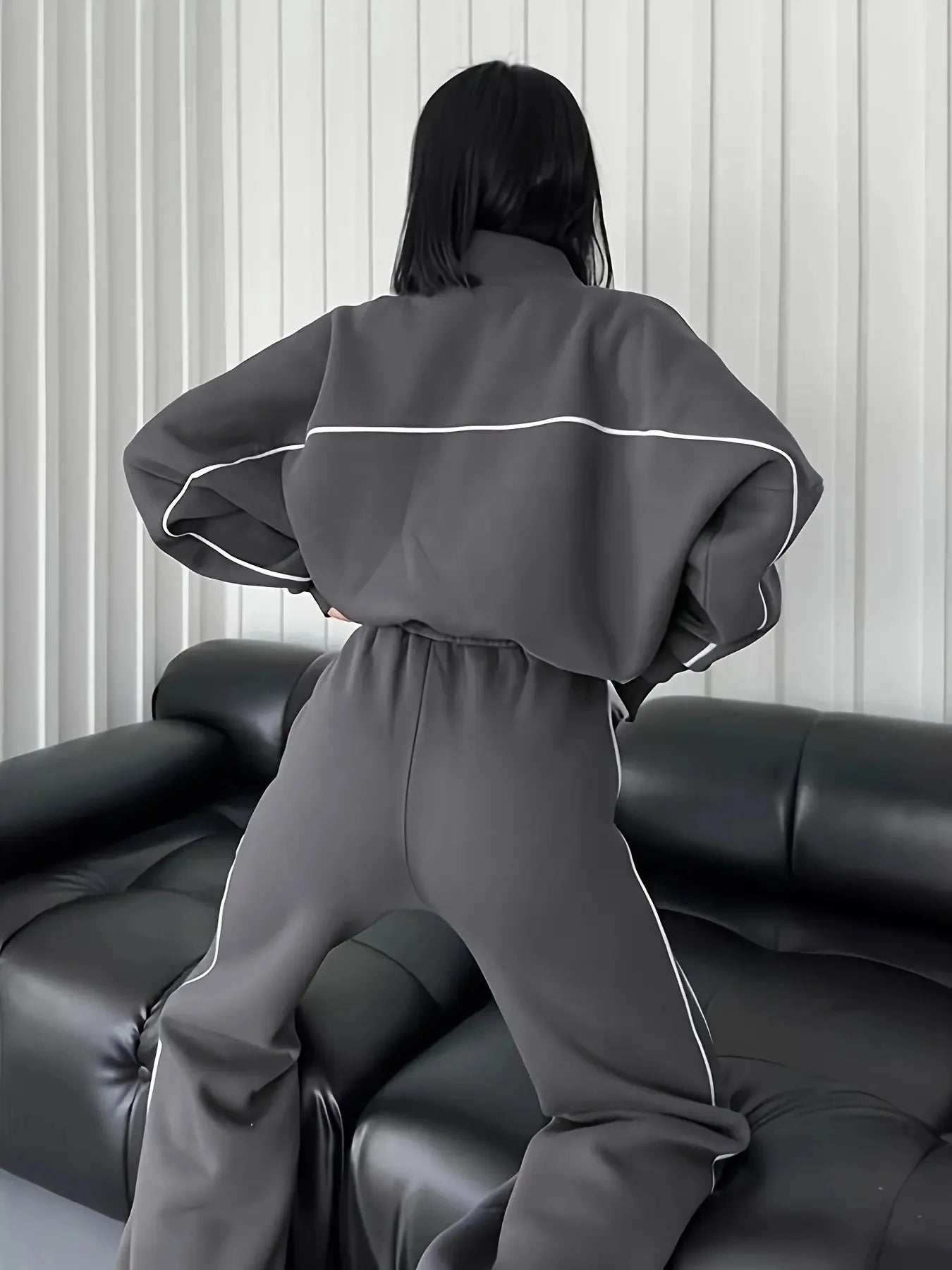 Zekye Women's Clothing Long-sleeved Semi-turtleneck Cardigan Sweater Strappy Striped Trousers Women's Suit Collection 2025 - Kimlud