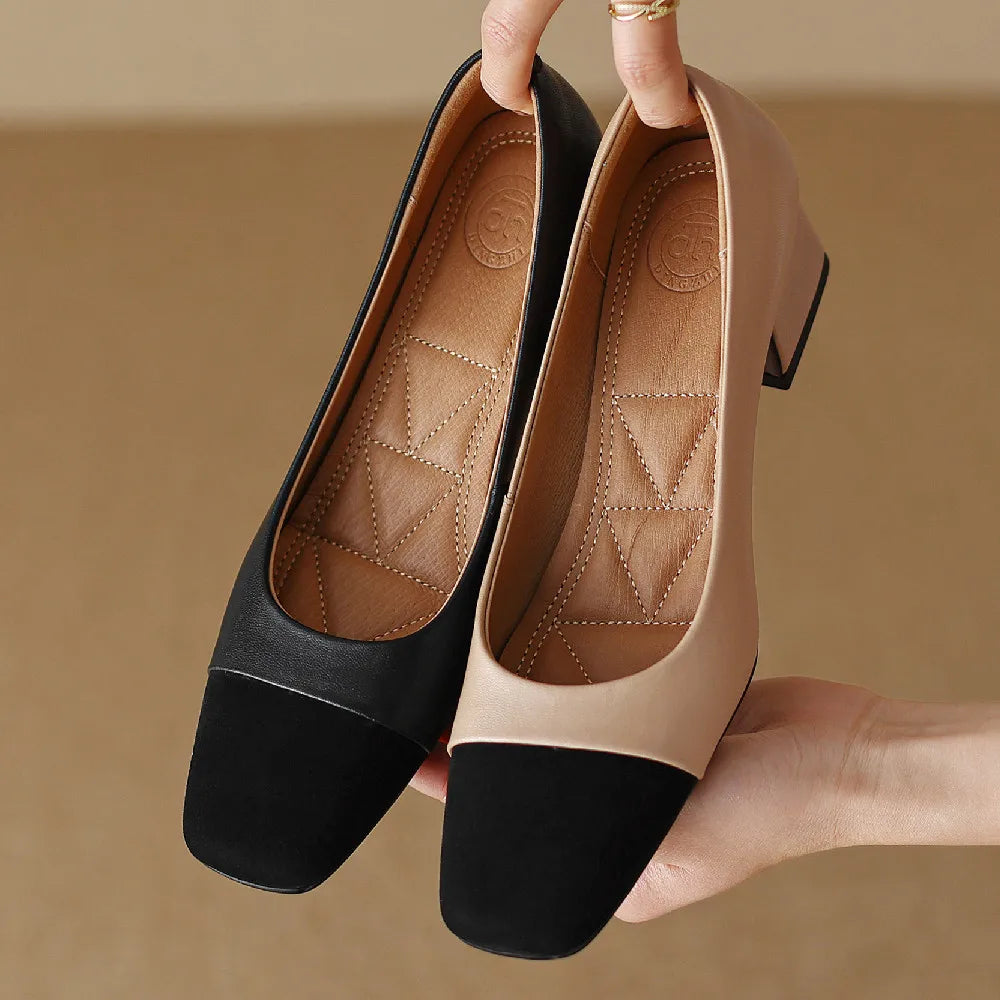 danxuefei plus size 34-42 women's genuine leather square toe slip-on pumps OL style elegant ladies 5cm thick low heel shoes sale - Kimlud