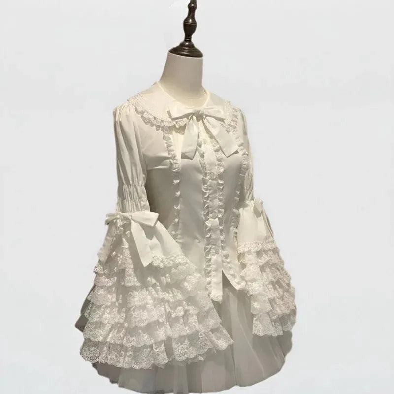 Lolita Lace Blouse Shirt Sweet Women Graduate Cute Ruffle Kawaii Tops Layer Bell Flare Sleeve Princess Doll Collar With Bow