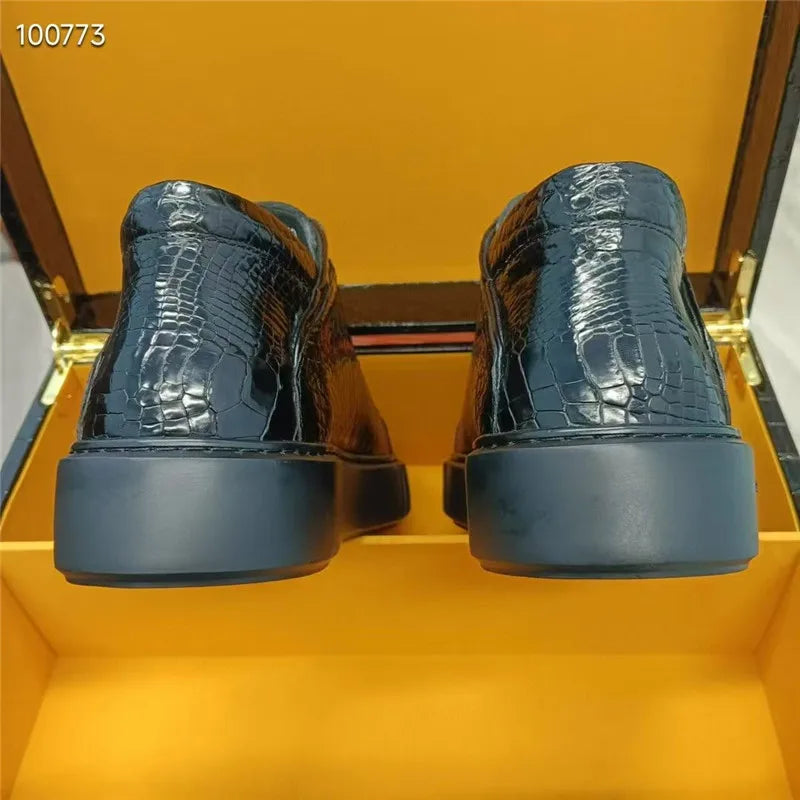 Authentic Exotic Crocodile Skin All-match Men's Black High Top Board Shoes Genuine Alligator Leather Male Lace-up Walking Flats