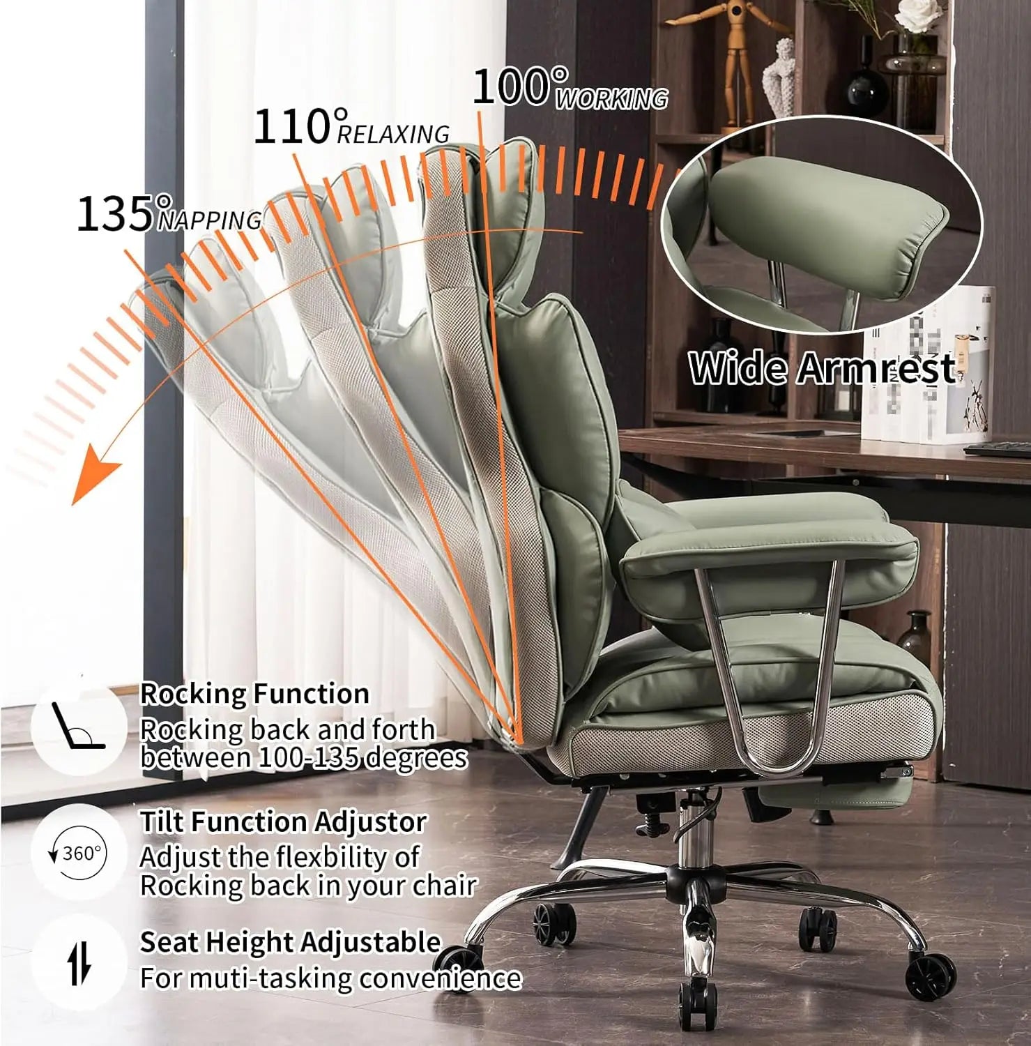 Heavy-Duty Executive Office Chair with Footrest, 400lbs Capacity, Reclining Backrest, Light Green Leather | Kimlud...