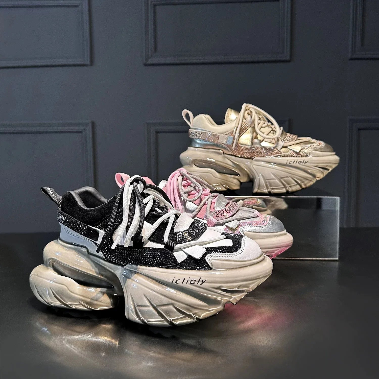 Women High Heels Platform Shoes Spring Crystal Fashion Luxury Designer Brand Chunky Sneakers Unique Design Real Leather Trendy