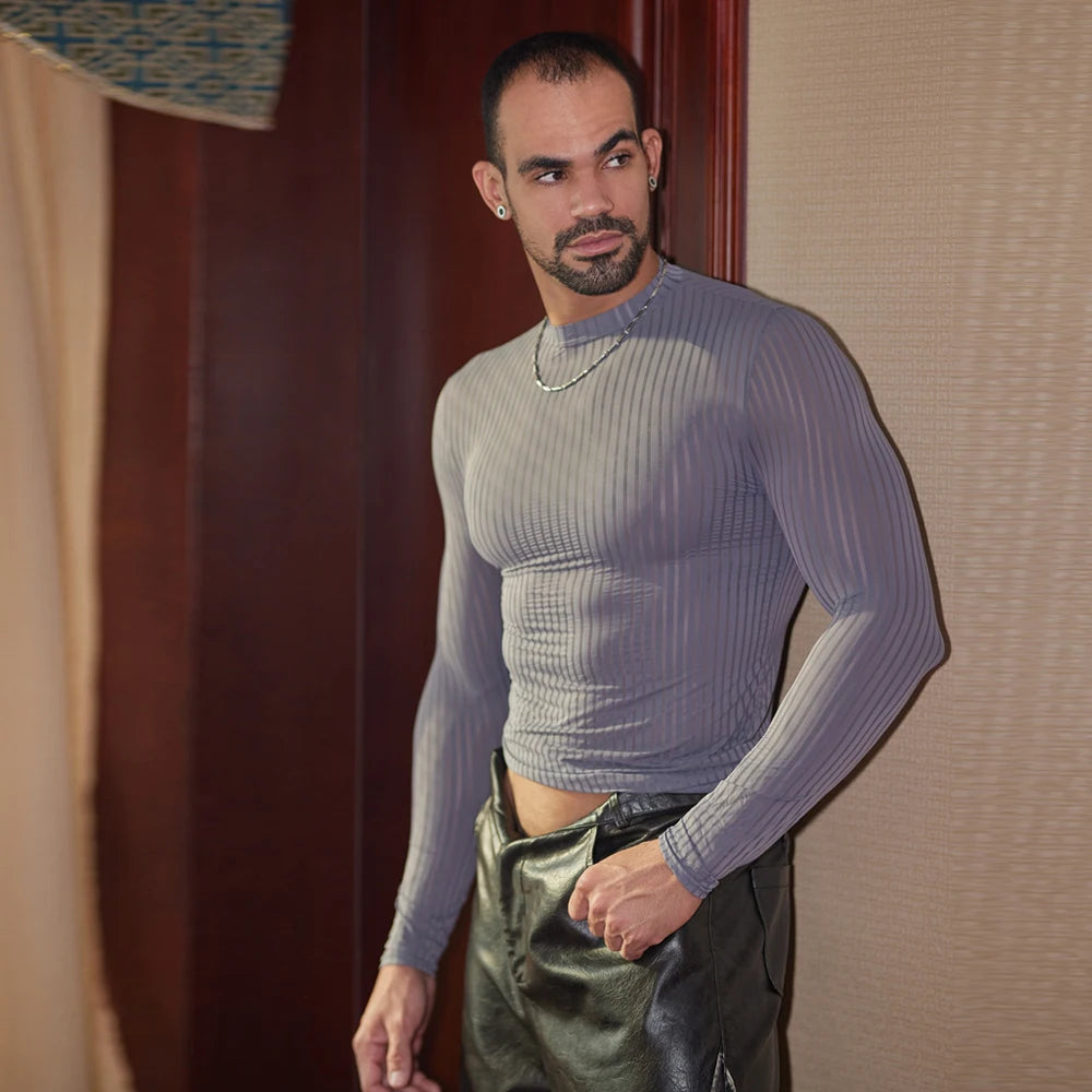 Sex Men Oil Glossy Shiny Breathable T-shrits Stripe Allure Shaper Top Bottom Wear Sheer See Through Elastic Shapewear - Kimlud