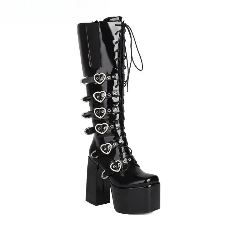New Punk Goth Women Motorcycle Boots High Heeled Knee High Platform Shoes Heart Buckle Lace Up Luxury Trendy Winter Street Boots