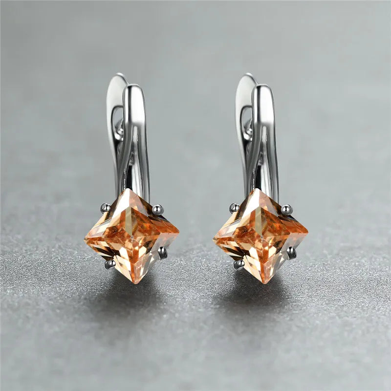 Cute Female Champagne Square Jewelry Luxury Crystal Zircon Stone Hoop Earring Rose Gold Color Wedding Earrings For Women
