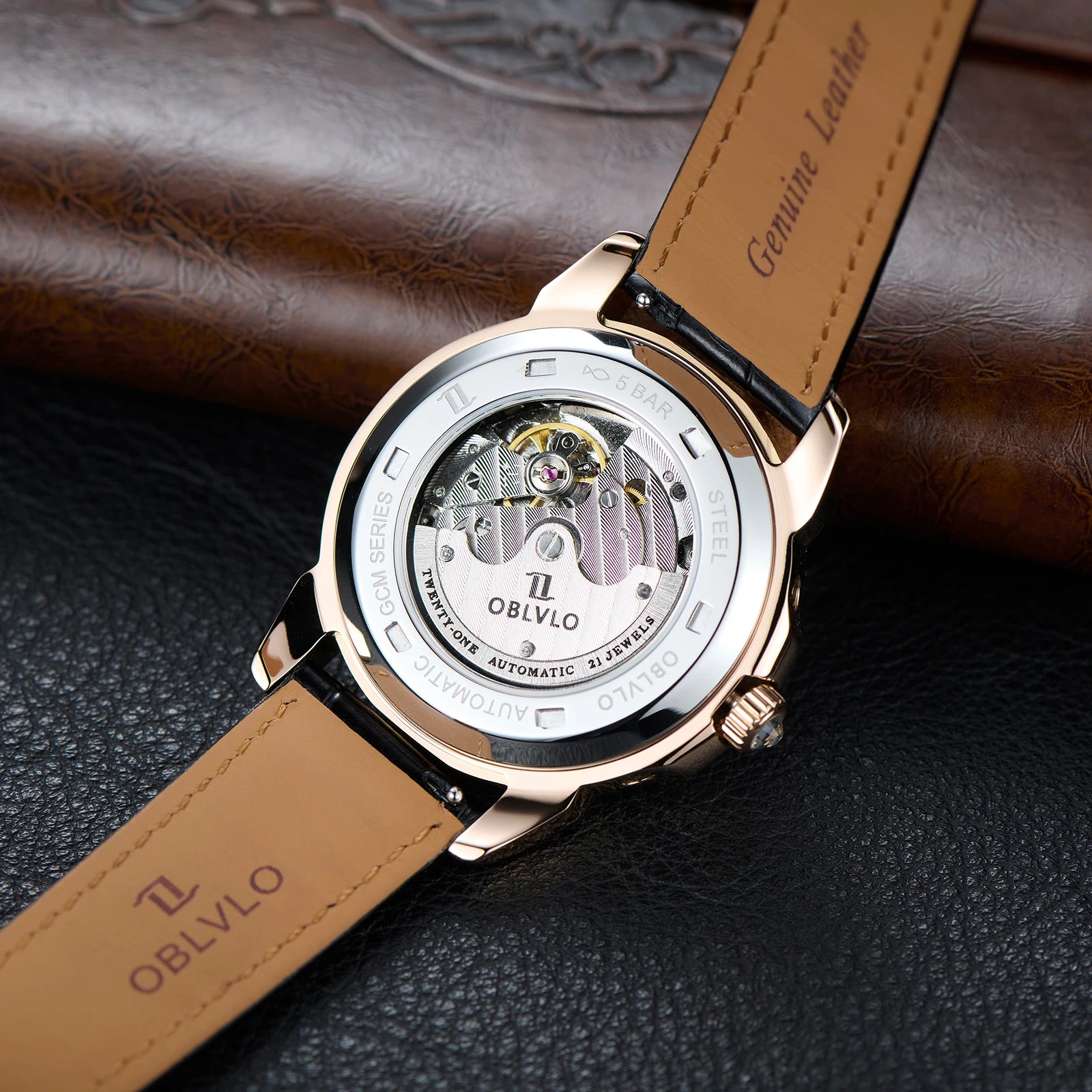 OBLVLO Men's Fashion Automatic Watch Colorful Zircon Moonphase Mechanical Multifunctional Black Leather Strap Timepiece...