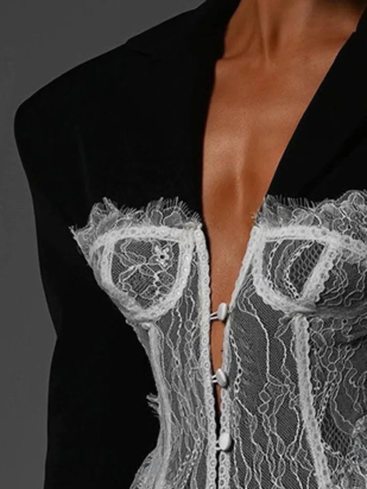 ZMEENNA 2025 Spring New Women's Black Blazer With Delicate White Lace Corset Overlay Structured Shoulders ZM954