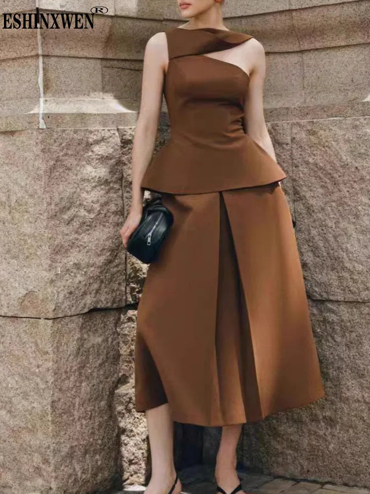 Eshin Luxury Brown Two-Piece Set Women Elegant One-Shoulder Peplum Top And High-Waisted Maxi Skirt With Sash Dubai SA1471 - Kimlud