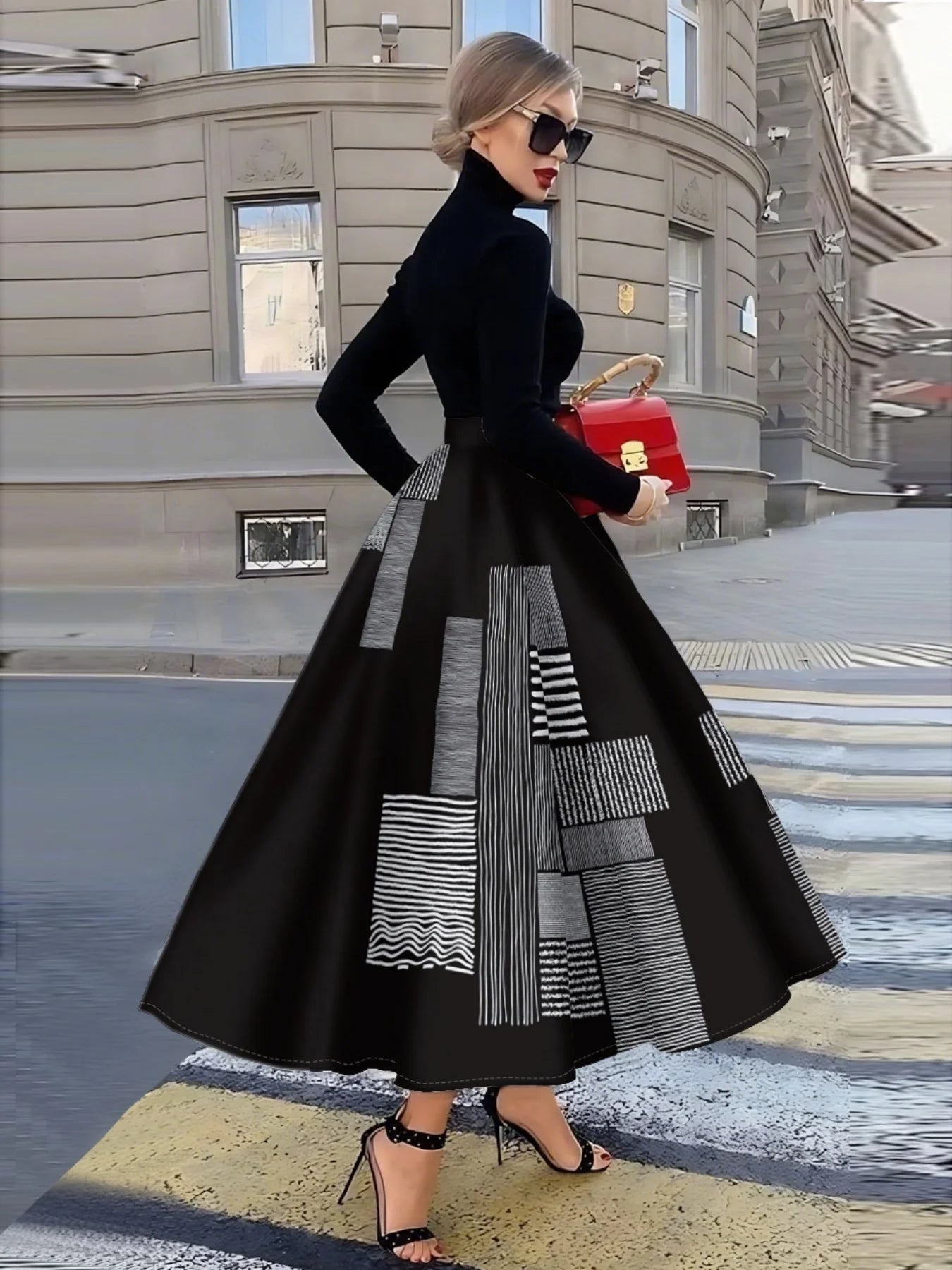 Printed Design suitable for all four seasons Geometric Stripes And Lines Pattern vacation style elegant style women's half skirt