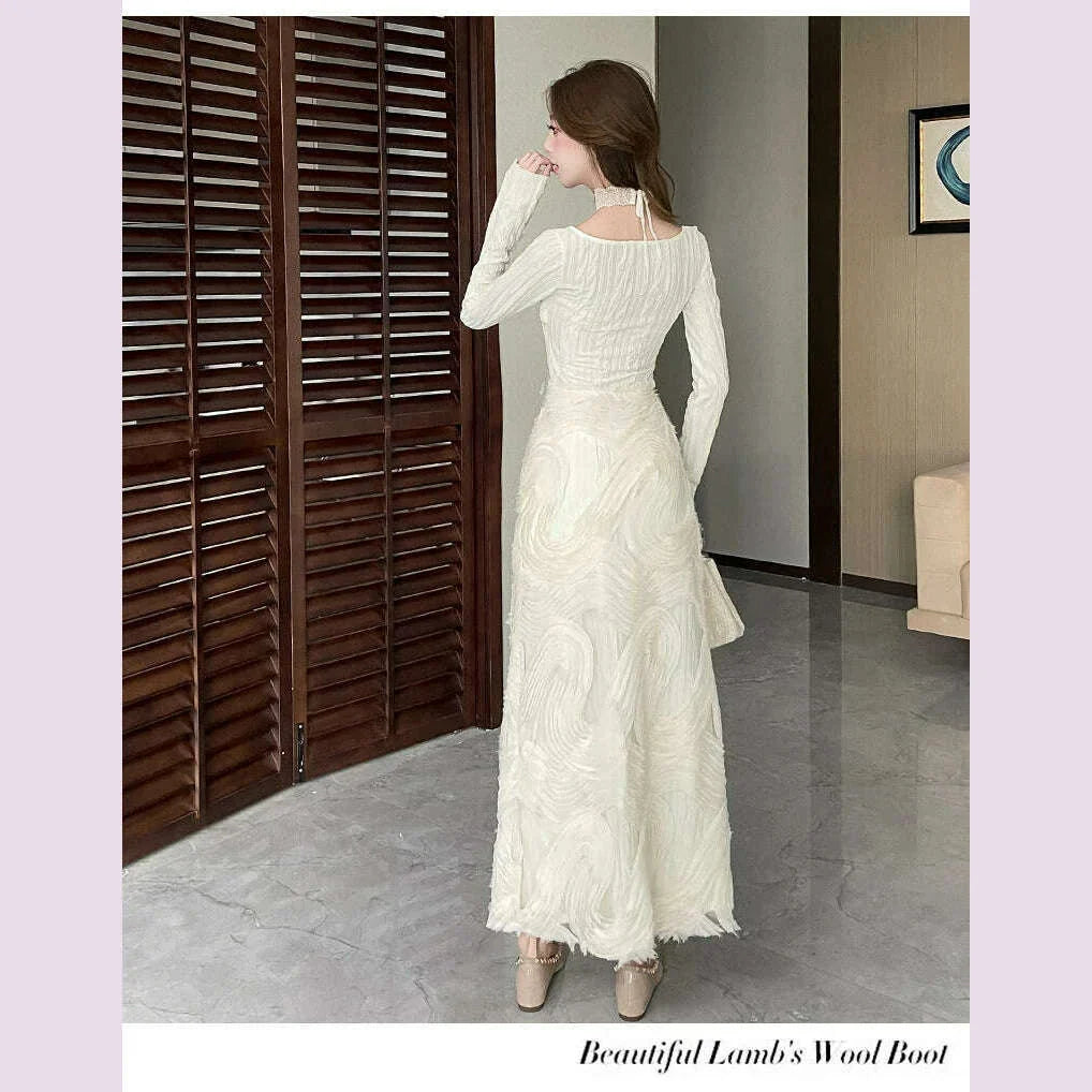 French Romantic Beige Textured Patchwork Design Elegant Square Neck Appliques Slim Elastic Knit Dress