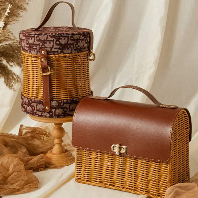 Rattan Woven Handbag with Storage Box Forest Department Pastoral Beach Holiday Wind Female Bag INS Wind Handbag