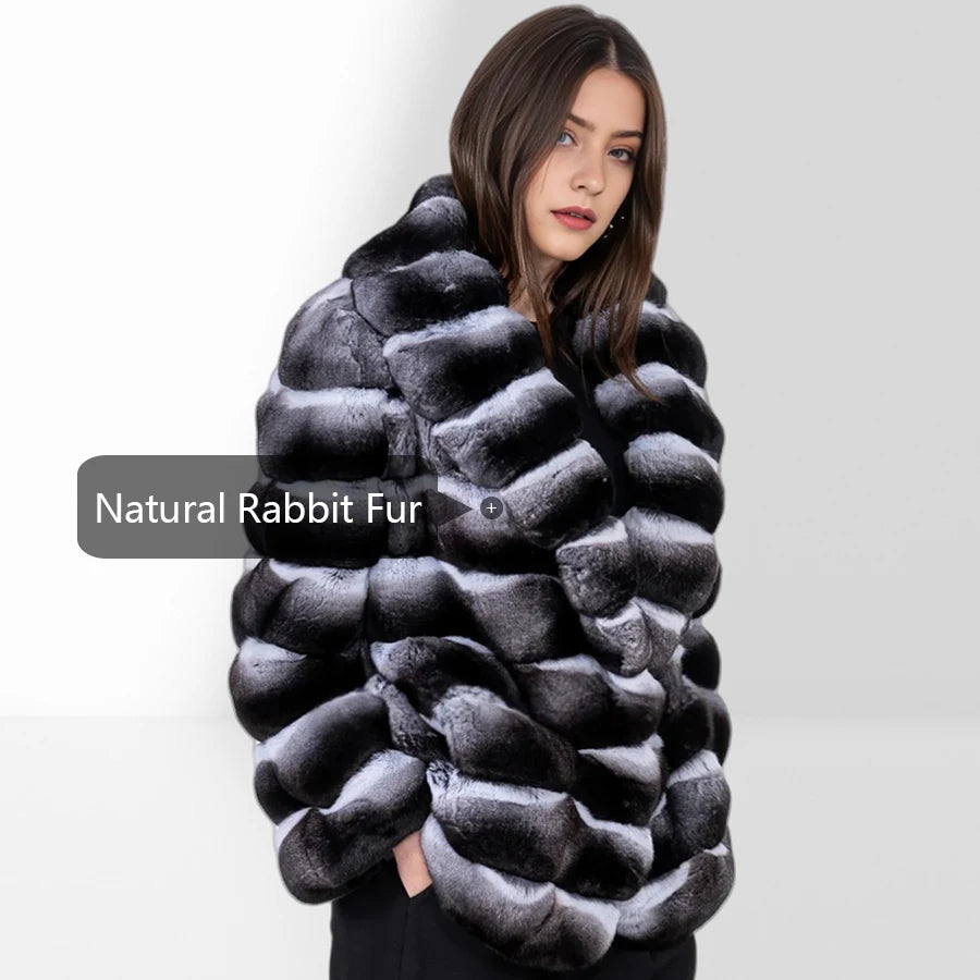 Women's Winter Jacket Real Rex Rabbit Fur Jacket With Hood Chinchilla Color Fur Coat High Quality Genuine Leather Jackets