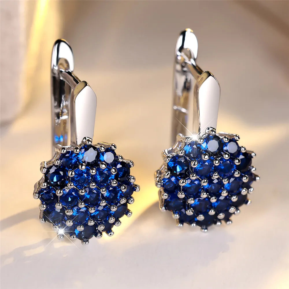 Cute Sunflower Blue Crystal Round Zircon Hoop Earrings For Women Rose Gold Silver Color Wedding Flower Jewelry...