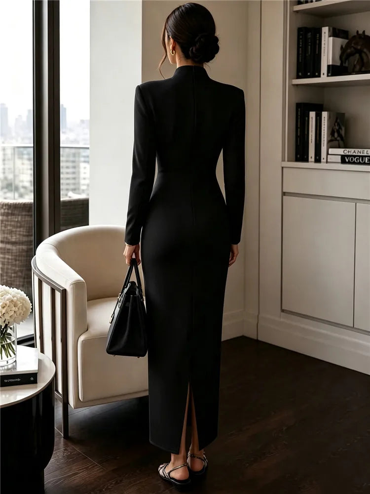 2026 Women's Fashion Evening Party Elegant Long Dress Solid V-Neck Long Sleeve Sheath Bodycon Maxi Dresses White Black Clothing