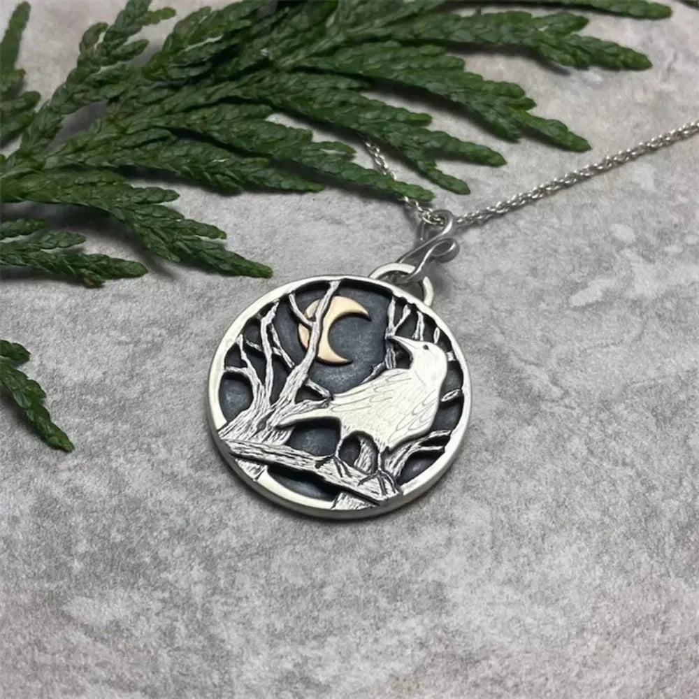 Creative Retro Crow Moon Forest Branch Exquisite Necklace for Women Gothic Bird Standing on Branches Necklaces Jewelry...