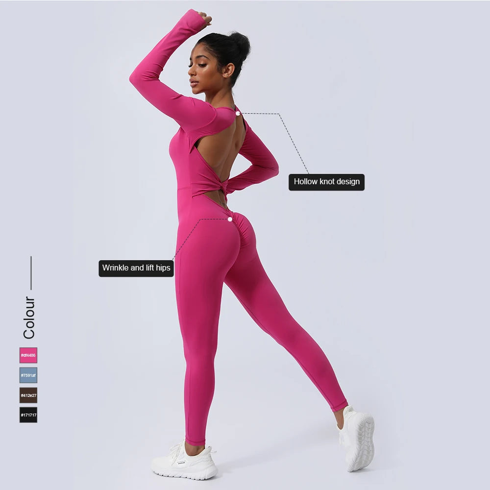 Women Fitness Jumpsuit Backless Long Sleeve Tights Yoga Set Running Training With Padded Sport Set - Kimlud