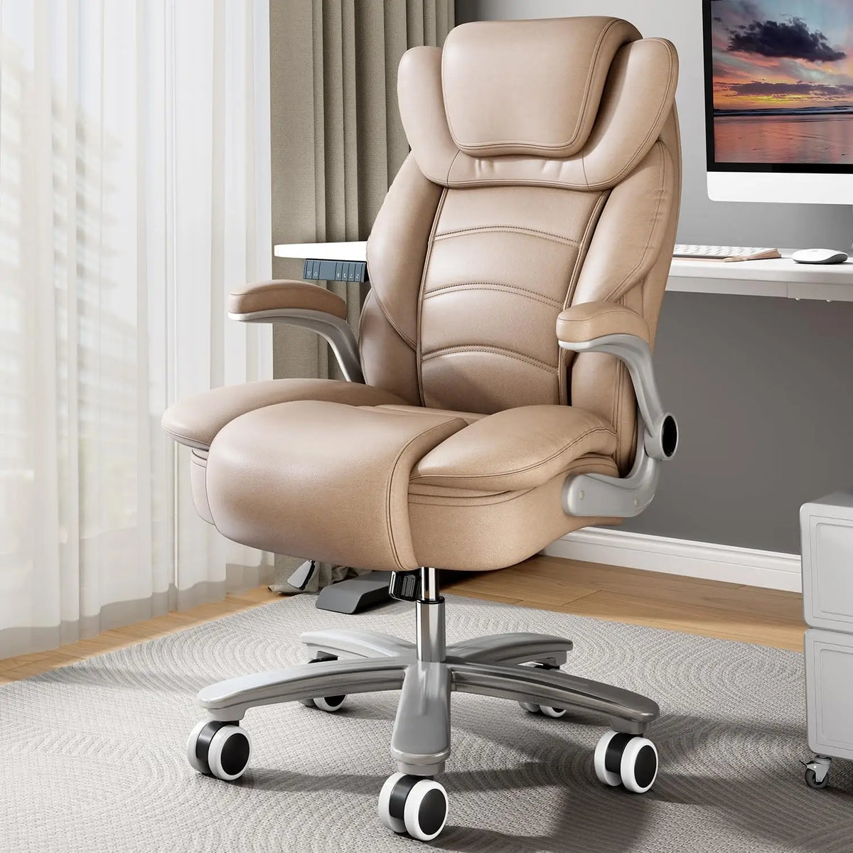 Office Chair 400lb Wide Seat, Ergonomic High Back Leather Executive Desk Chair with Flip-up Arms, Gray/Blue | Kimlud...