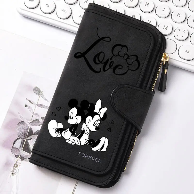 Mickey Minnie Lady Long Zip Wallet Buckle Tote Bag Coin Purse Soft PU Leather Multi-functional Card Holder Casual Daily