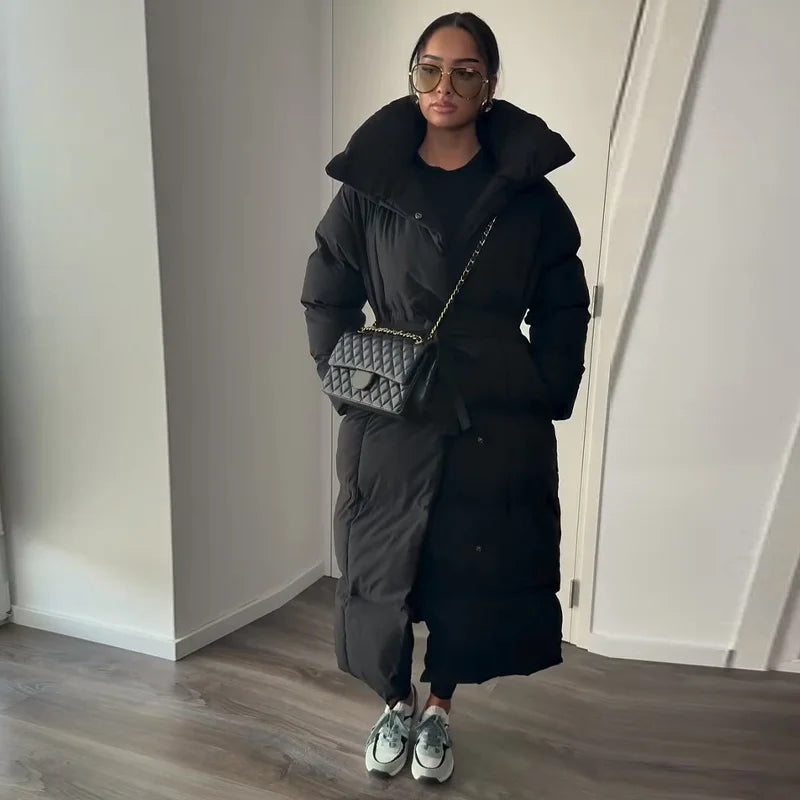 Warm Women's Puffy Quilted Hooded Long Cotton Coat Loose Solid Stand Collar Lace Up Zipper Overcoats 2025 Winter Lady Outwear