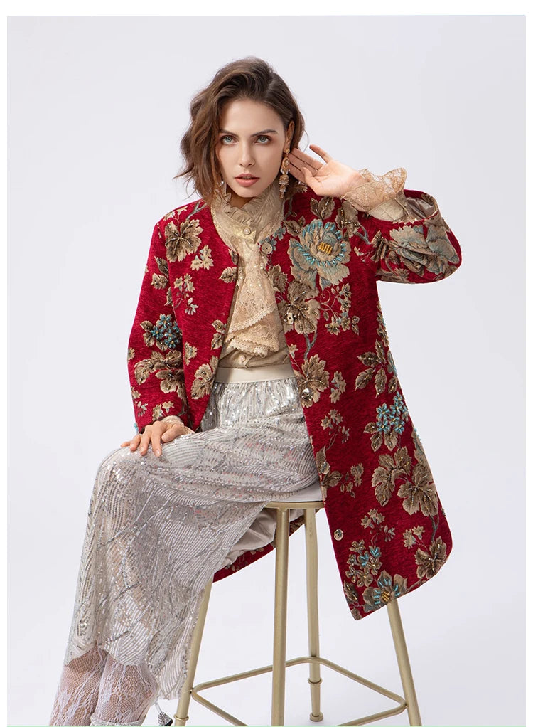 Autumn Winter New Women's Velvet Beaded Round Neck 3/4 Sleeve Burgundy Mid-Length Coat Chenille Texture Luxury Jacket