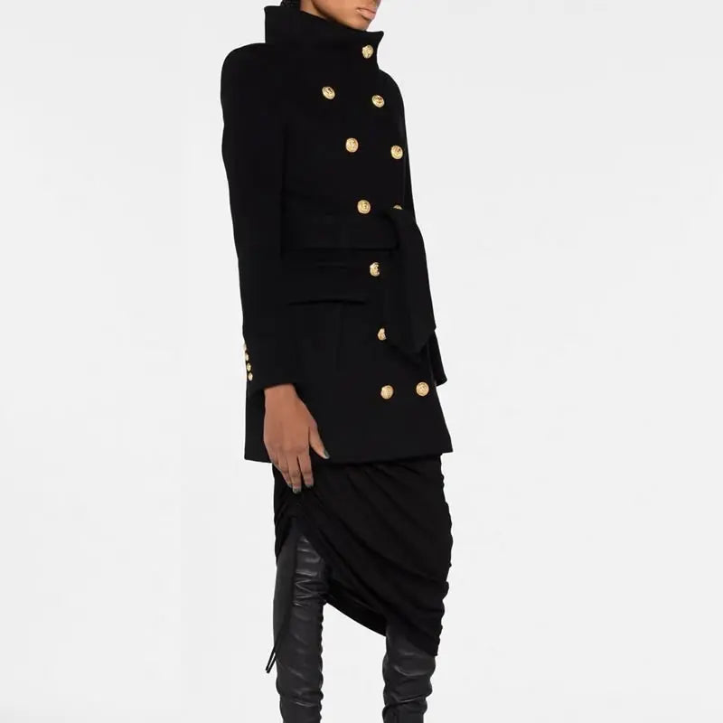 Women New Winter Black Wool Coat Gold Double Breasted Long Sleeve Coat