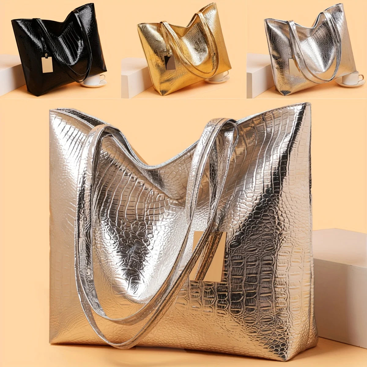 Vintage Women's Tote Bag, Large Capacity Handbag Shoulder Bag with Zipper Closure, Metallic Finish Handbags for Work, Parties