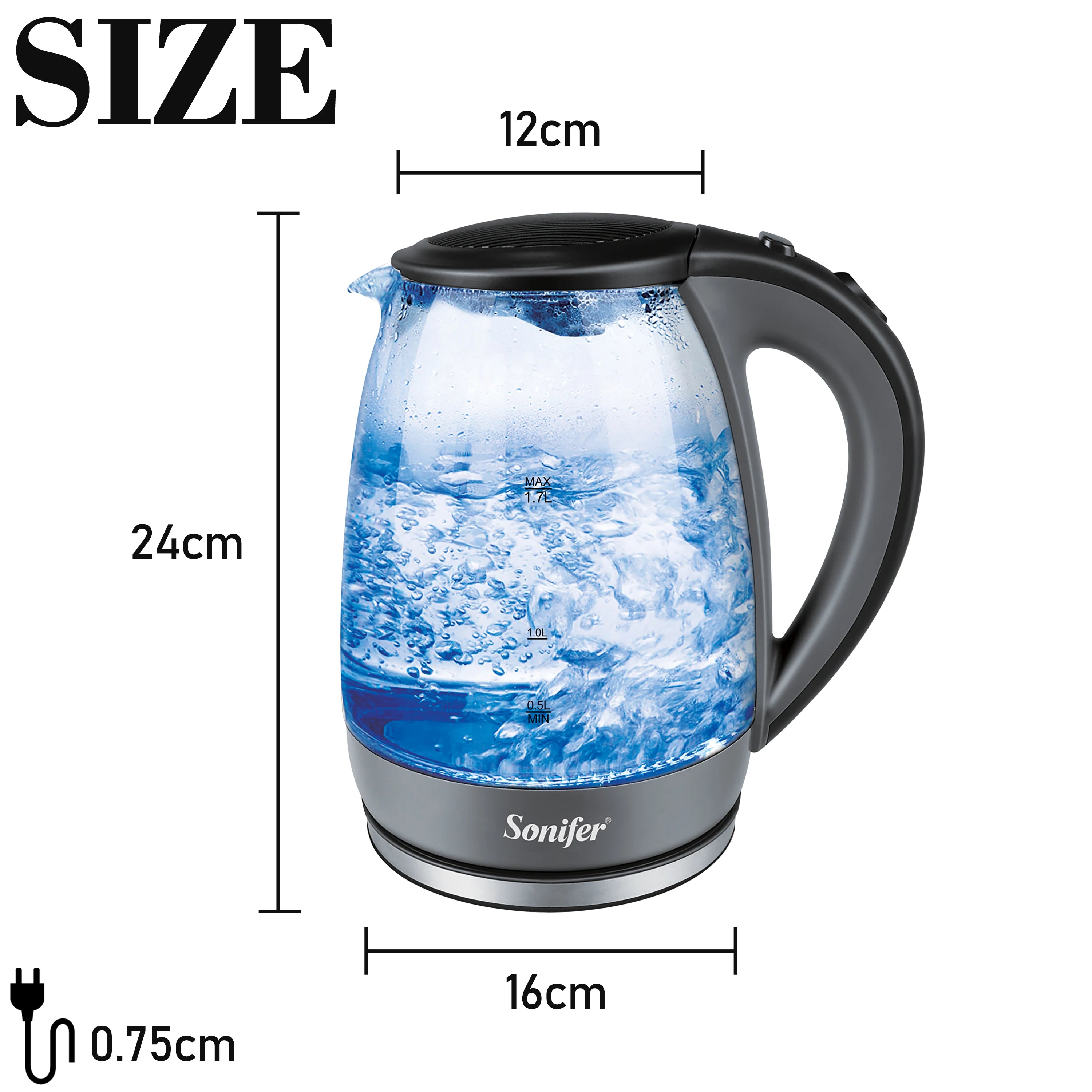 1.7L Glass Health Preserving Pot Electric Kettle with Led Lighting 2000W Quick Boiling Water Auto Shutdown Without BPA Sonifer - Kimlud