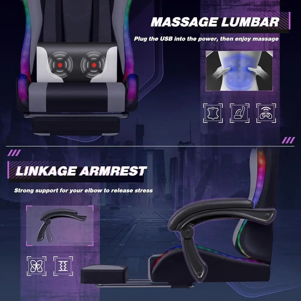 Ergonomic Gaming Chair with Footrest, Lumbar Massage, RGB Ivory, Adjustable Height & Swivel Seat