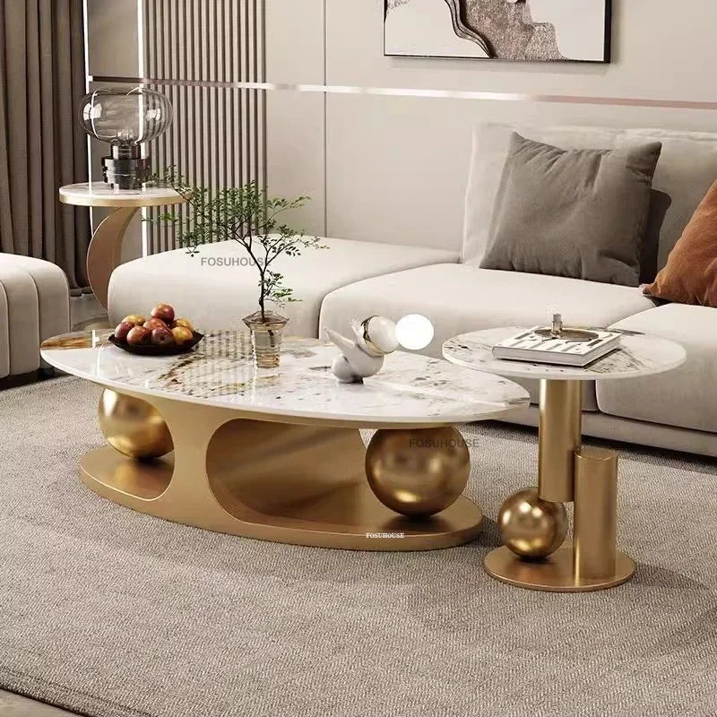 Italian Bright Rock Plate Coffee Tables Nordic Living Room Furniture Home Iron Art Corner Table Light Luxury Oval Side...