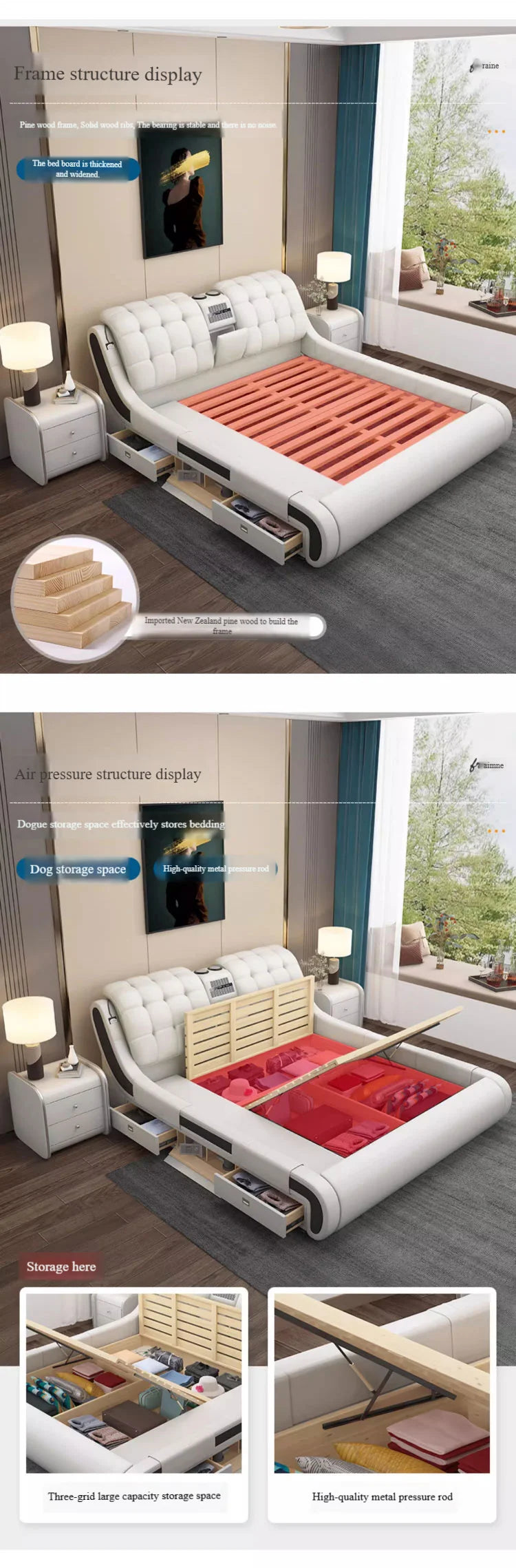Modern Luxury Bedroom Furniture Smart Electric Massage Up-holstered Beds king Size Double Bed Gas Lift Frame with Storage Design