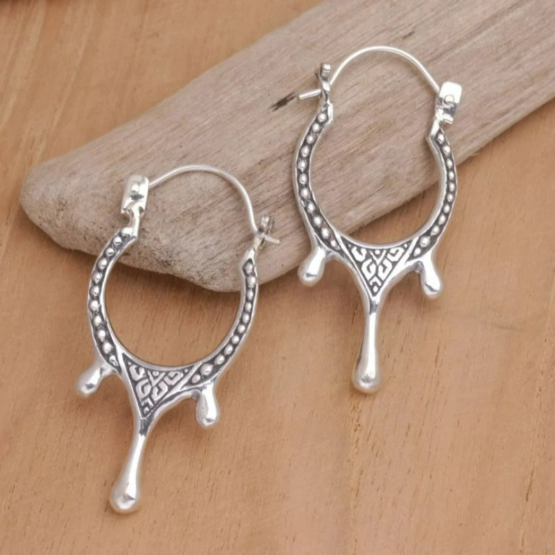 Vintage Handmade Pattern Silvery Plated Irregular Hoop Earrings Women's Fashion Personalized Banquet Festival Jewelry Accessory