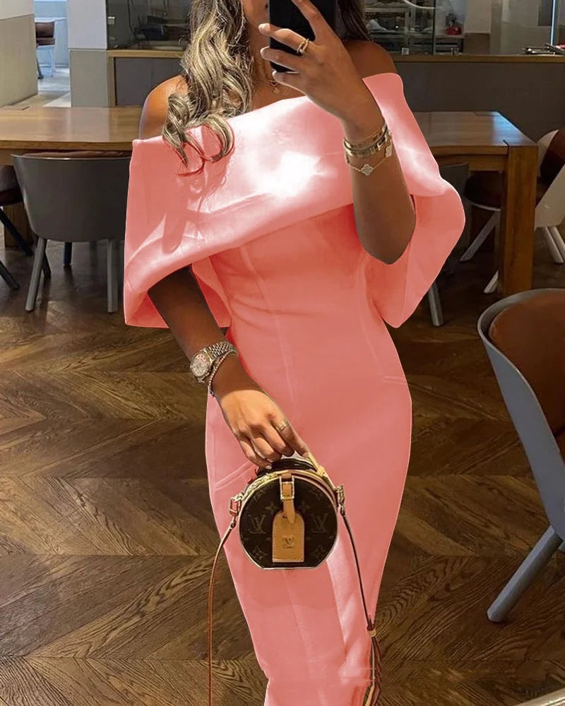 Ele Off-oulder Slim-Fit Dr High-Waisted Zipper Detail Court Sle Polyester Material ort Sve Mid-Length Skirt