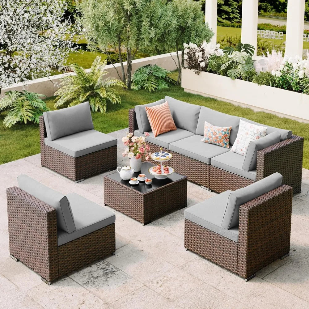 7 Pieces Outdoor Patio Furniture Set, PE Rattan Outdoor Wicker Sectional Furniture Sofa Set, with Cushions | Kimlud...