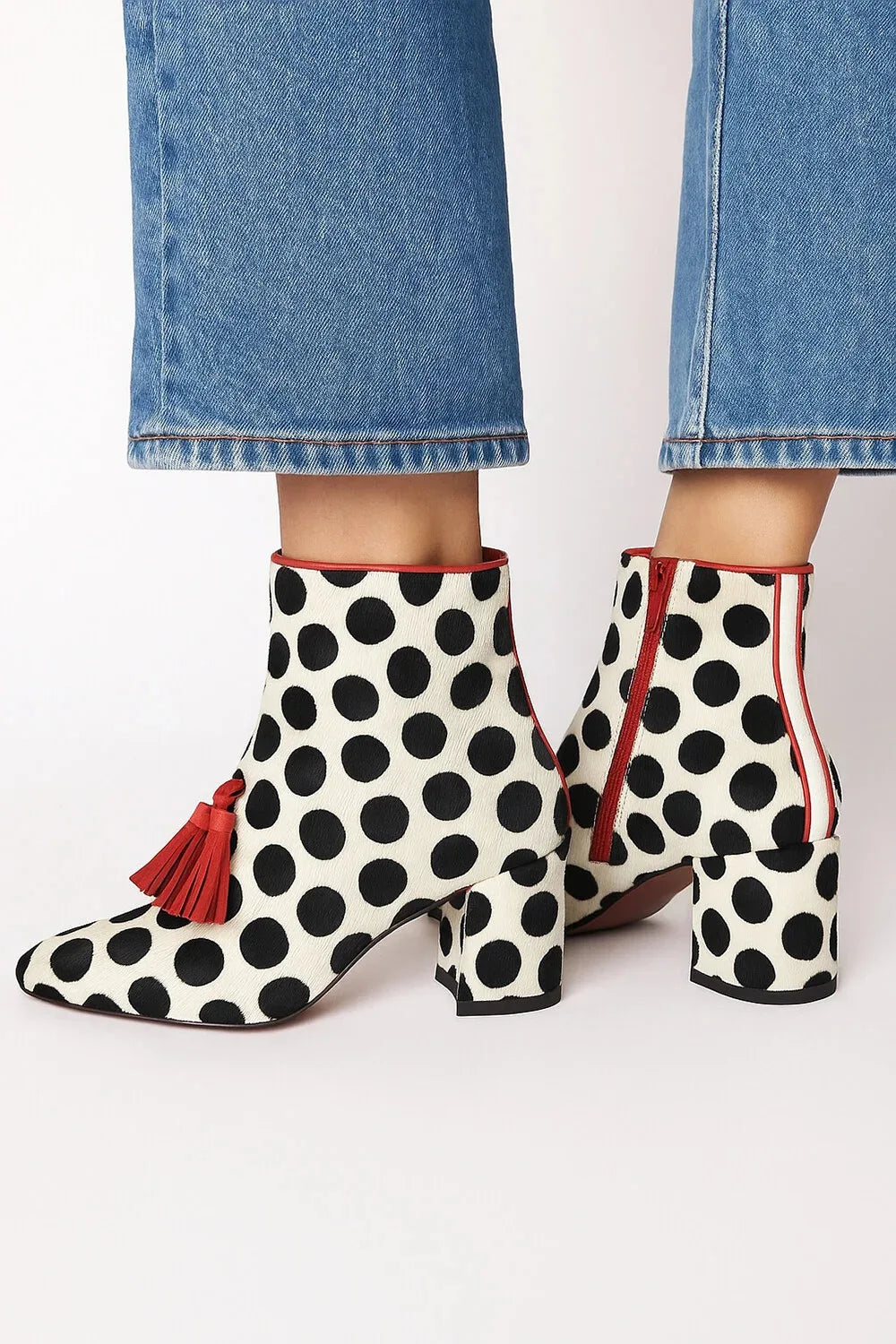 Polka Dot Pattern Tassel Pointed Toe Chunky Heel Women's Ankle Boots 2025 New Fashion Boots Shoes | Kimlud Office...
